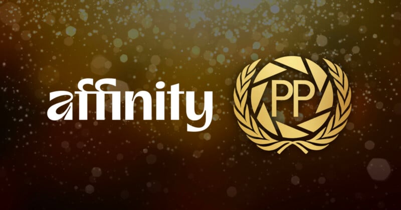 The image shows the word "affinity" in white text next to a gold laurel wreath encircling the letters "PP" on a brown background with bokeh light effects.