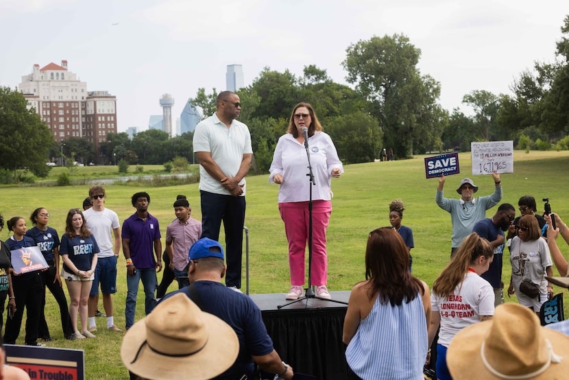 U.S. Reps. Marc Veasey and Julie Johnson speak during the Stop the Steal rally against...