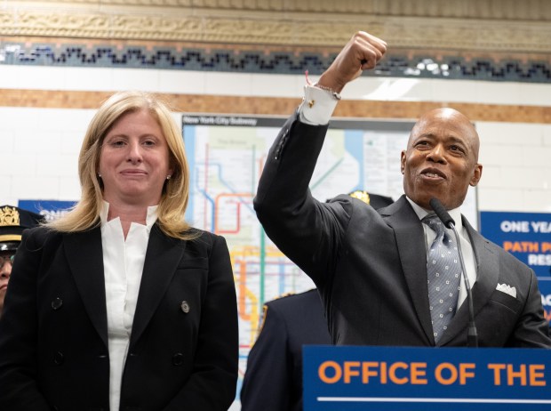 Mayor Eric Adams reacts to a straphanger's yell of support during a press conference at the Times Square-42nd St. subway station on Friday, October 10, 2025 in Manhattan. (Barry Williams/ New York Daily News)