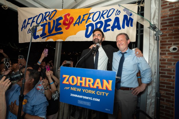 Zohran Mamdani speaks alongside New York City Comptroller Brad Lander at his victory party early Wednesday, June 25, 2025 in Queens, New York. (Barry Williams/ New York Daily News)