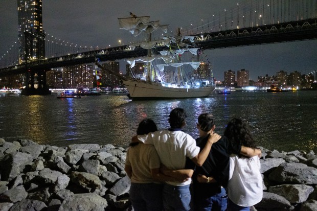 The Mexican naval ship Cuauhtemoc is pictured in the East River in Brooklyn, New York City after striking the Brooklyn Bridge on Saturday, May 17, 2025. (Gardiner Anderson / New York Daily News)