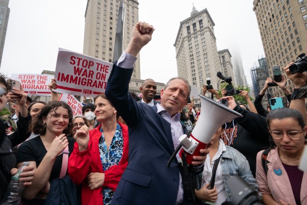 Brad Lander speaks besides his family at a rally in Foley Square after he was released from federal custody at 26 Federal Plaza Tuesday, June 17, 2025 in Manhattan, New York. (Barry Williams/ New York Daily News)
