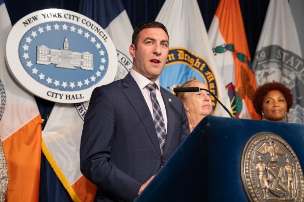 Eric Dinowitz speaking during a press conference before a New York City Council meeting at City Hall in Manhattan, New York on Wednesday, Dec. 20, 2023. (Shawn Inglima for New York Daily News)