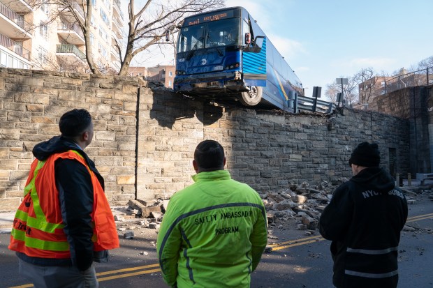 A MTA bus is pictured that partially drove off Independence Ave. near Kapok St. is pictured Friday, Jan. 18, 2025 in the Bronx, New York. (Barry Williams/ New York Daily News)