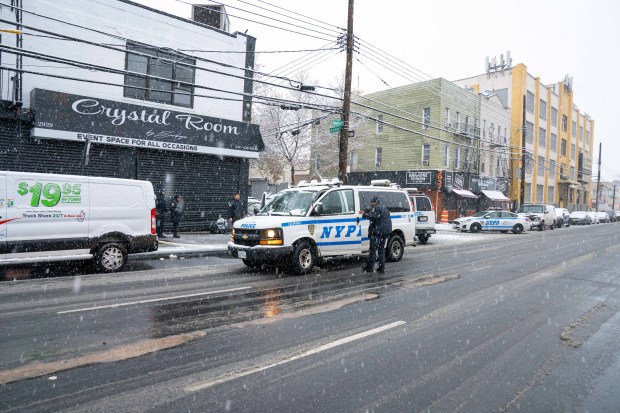 At least twenty-two shell casings could be seen on the ground after a Birthday celebration turned into a Mass Shooting of six teenage victims, two girls and four boys, outside of the Champagne Room Events Space at 2929 Atlantic Avenue in Brooklyn on Sunday December 14, 2025. 0750. A 15yr old girl suffered gunshot wounds to her chest, hip and leg: A 15yr old girl suffered a gunshot wound to the right leg: A 15yr old boy suffered a gunshot wound to the left arm: A 16yr old boy suffered a gunshot wound to the right arm: A 16yr old boy suffered a gunshot wound to the left foot and a 17yr old boy suffered a gunshot wound to the right leg. Four of the victims were taken to Brookdale Hospital whilst two others were taken to Kings County Hospital. (Theodore Parisienne / New York Daily News)