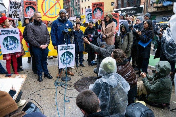 Public Advocate Jumaane Williams speaks at a rally Sunday outside a lower Manhattan parking garage where protesters were arrested for blocking a planned ICE operation. 
