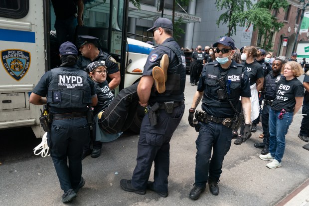 Protestors are pictured in the lobby of Maersk's offices in Midtown Wednesday, June 11, 2025 in the Manhattan, New York. (Barry Williams/ New York Daily News)