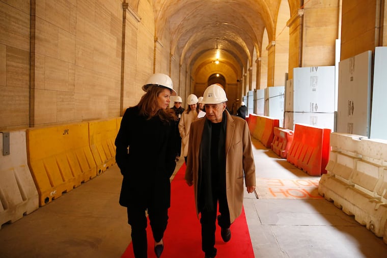 Architect Frank Gehry, right, tours the vaulted walkway during the Philadelphia Museum of Art's "Core Project" ground breaking event in 2017.