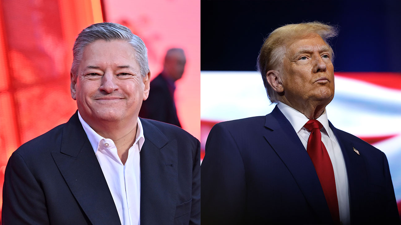 A split image of Ted Sarandos and Donald Trump