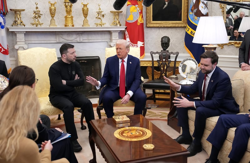 WASHINGTON, DC - FEBRUARY 28: U.S. President Donald Trump (C) and Vice President JD Vance meet with Ukrainian President Volodymyr Zelensky in the Oval Office at the White House on February 28, 2025 in Washington, DC. Trump and Zelensky are meeting today to negotiate a preliminary agreement on sharing Ukraine’s mineral resources that Trump says will allow America to recoup aid provided to Kyiv while supporting Ukraine’s economy. (Photo by Andrew Harnik/Getty Images)