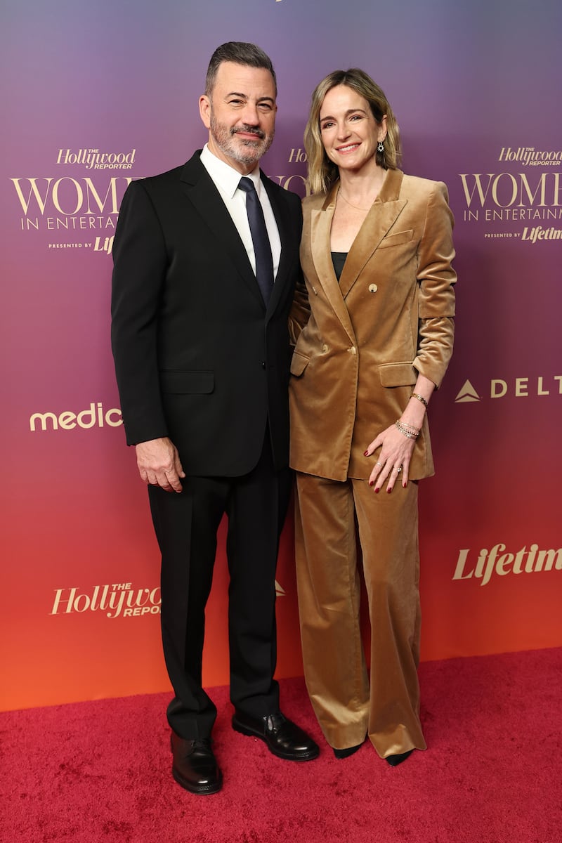 BEVERLY HILLS, CALIFORNIA - DECEMBER 03: (L-R) Jimmy Kimmel and Molly McNearney attend The Hollywood Reporter's Annual Women in Entertainment Gala at The Beverly Hills Hotel on December 03, 2025 in Beverly Hills, California.