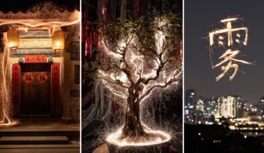 Triptych: Left, a temple entrance with hanging lanterns and red banners, illuminated by light trails. Center, a bonsai tree surrounded by swirling light effects. Right, Chinese characters formed by light over a cityscape at night.