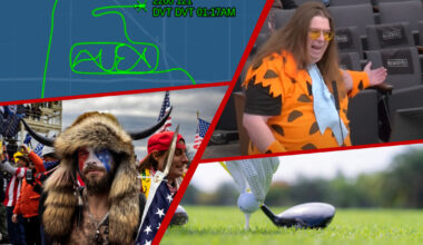 a collage of photos of a flight path spelling "alex," a man in a fred flintstone costum, the qanon shaman and a golffer