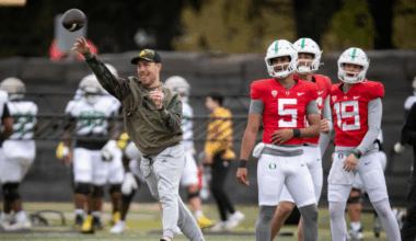 Oregon offensive coordinator and quarterbacks coach Will Stein throws during practice with the Oregon Ducks Saturday, April 6, 2024 at the Hatfield-Dowlin Complex in Eugene, Ore. (© Ben Lonergan/The Register-Guard / USA TODAY NETWORK)