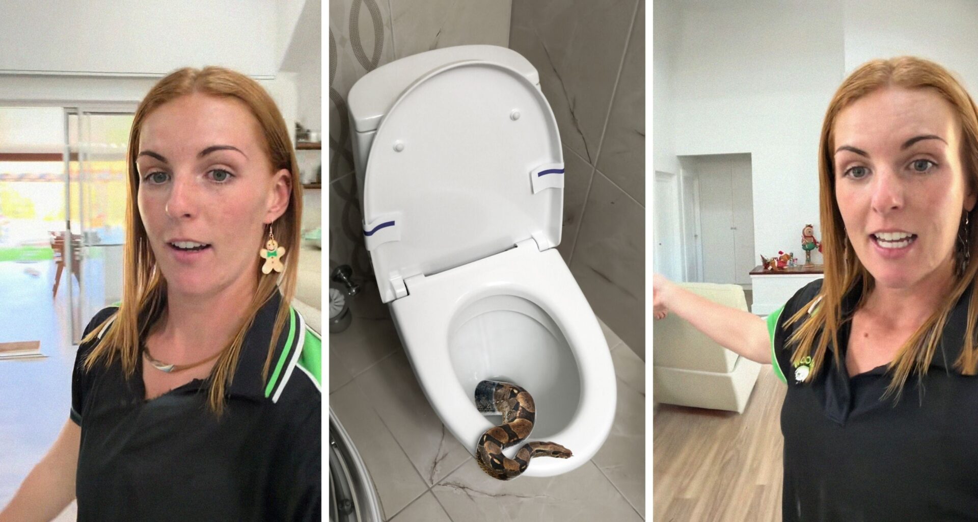 woman finds surprise in bathroom (l) snake in toilet (c) woman shares bathroom scare (r)