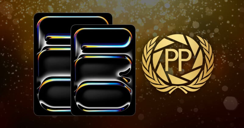 Two glossy, futuristic black cards with colorful edges are on the left. On the right, a gold laurel wreath surrounds the letters "PP" on a sparkling brown background.