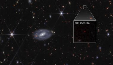 An image of space showing stars and galaxies with a box out in the top right quadrant showing the location of the supernova in the image. An inset zoomed-in image shows a red dot that represents the supernova.