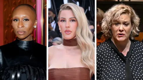 Getty Images/Mark Allan/BBC A composite of Cynthia Erivo, Ellie Goulding and Alice Coote. Erivo has a shaved head, nose ring and several earrings in her ear. She is wearing a black top which has black feathers on it. Goulding has long blonde hair swept to the side and is wearing a brown dress. Coote has medium length blonde hair and is wearing a black top with white dots and a black scarf; she is singing.