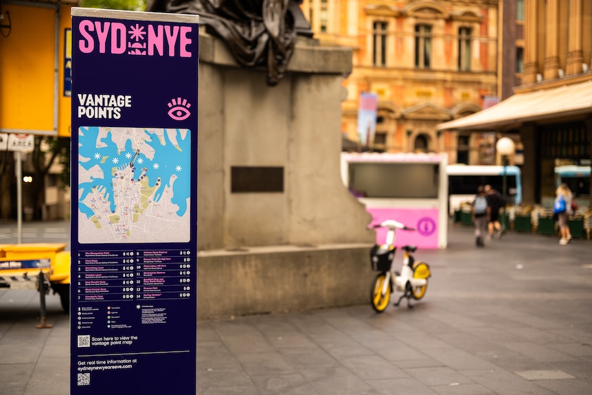 A sign showing the vantage points for the NYE fireworks in the city.