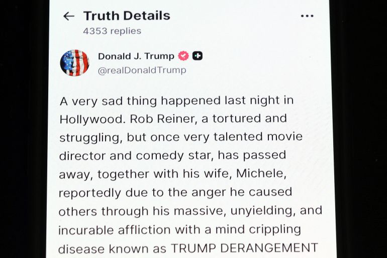 WASHINGTON, DC - DECEMBER 15: In this photo illustration, a phone shows U.S. President Donald Trump's Truth Social post on the death of actor and director Rob Reiner on December 15, 2025 in Washington, DC. Reiner and his wife, Michele Singer Reiner, were found dead in their Brentwood home on December 14th. (Photo illustration by Kevin Dietsch/Getty Images) (Photo by Kevin Dietsch / GETTY IMAGES NORTH AMERICA / Getty Images via AFP)