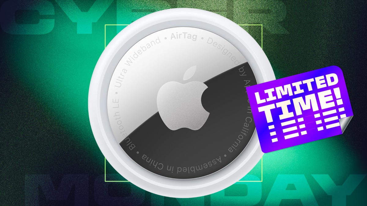 A single Apple AirTag is shown on a green and black Cyber Monday background with a sticker that reads "Limited time."