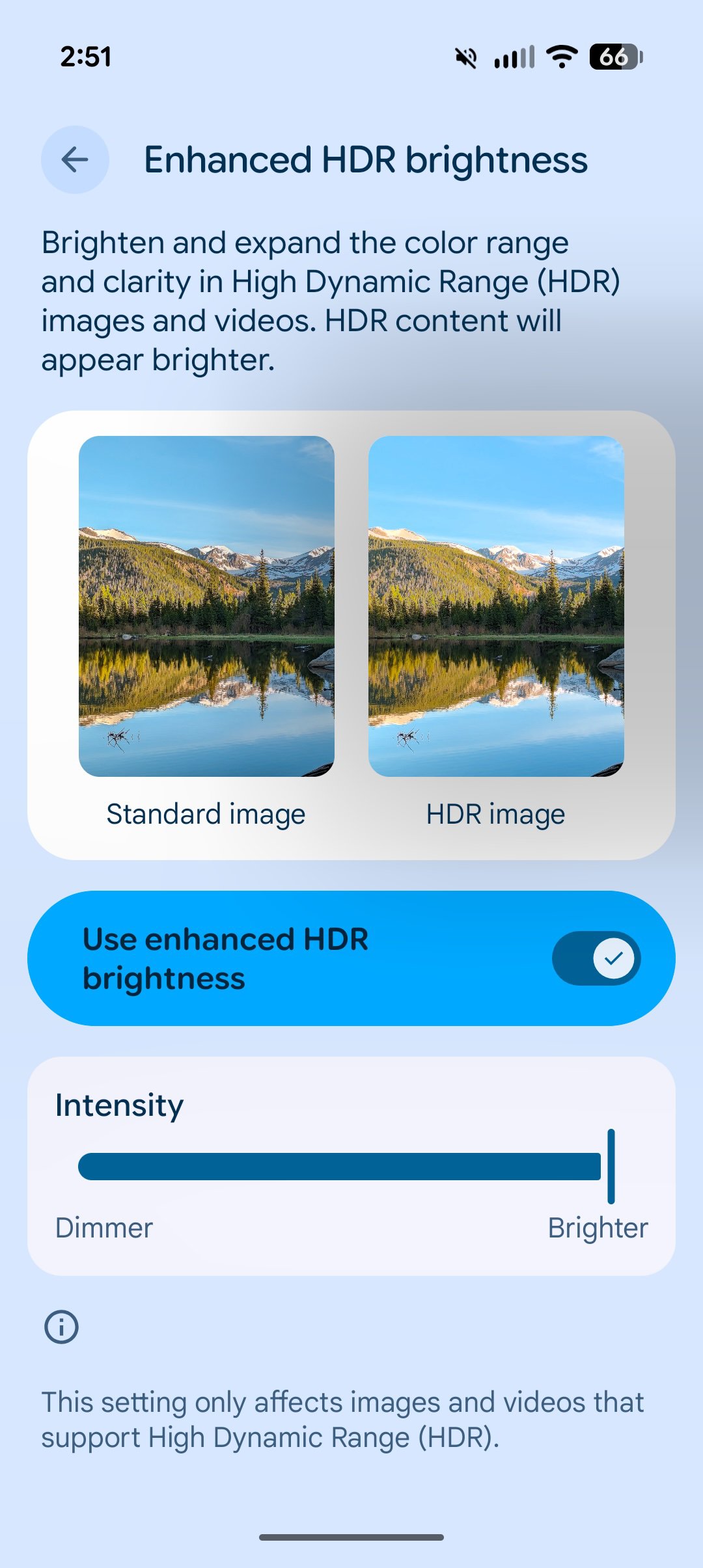 Screenshot of the Enhanced HDR brightness settings in Android 16 QPR2.