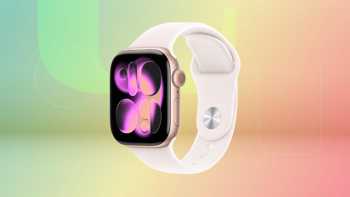 Apple Watch Series 11 on red and green background