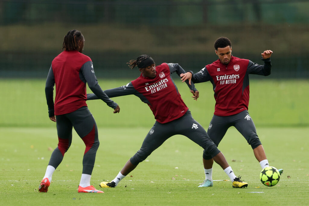 LONDON COLNEY, ENGLAND - SEPTEMBER 15: Noni Madueke and Ethan Nwaneri of Arsenal during a training session ahead of the UEFA Champions League 2025/26 League at Sobha Realty Training Centre on September 15, 2025 in London Colney, England. (Photo by Harry Murphy/Getty Images)