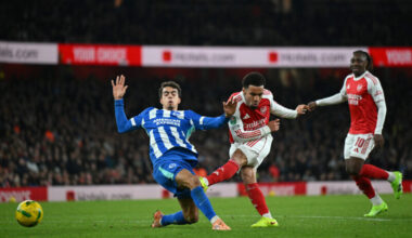 LONDON, ENGLAND - OCTOBER 29: Ethan Nwaneri of Arsenal scores his team's first goal as Yasin Ayari of Brighton & Hove Albion fails to block his...
