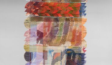 a suspended abstract woven tapestry by Miguel Arzabe