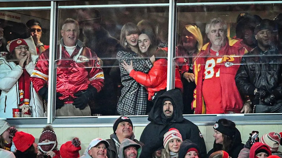 Taylor Swift and Caitlin Clark embrace after Kansas City Chiefs tight end Travis Kelce scored a touchdown in the fourth quarter against the Houston Texans during a AFC Divisional Round playoff game.Emily Curiel&sol;The Kansas City Star&sol;Tribune News Service via Getty Images