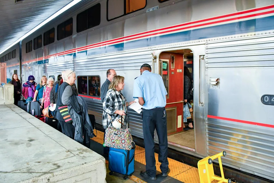 Passengers board the Southwest Chief at Los Angeles Union Station.