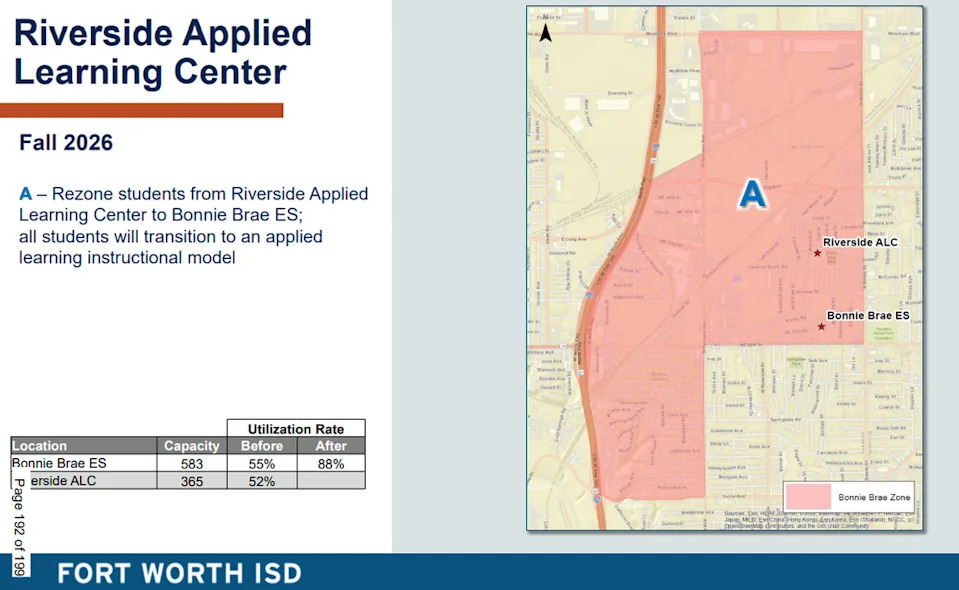 A map shows the attendance boundaries of Riverside Applied Learning Center students who will be transferred to Bonnie Brae Elementary in the 2026-27 school year after the applied learning center’s closure.
