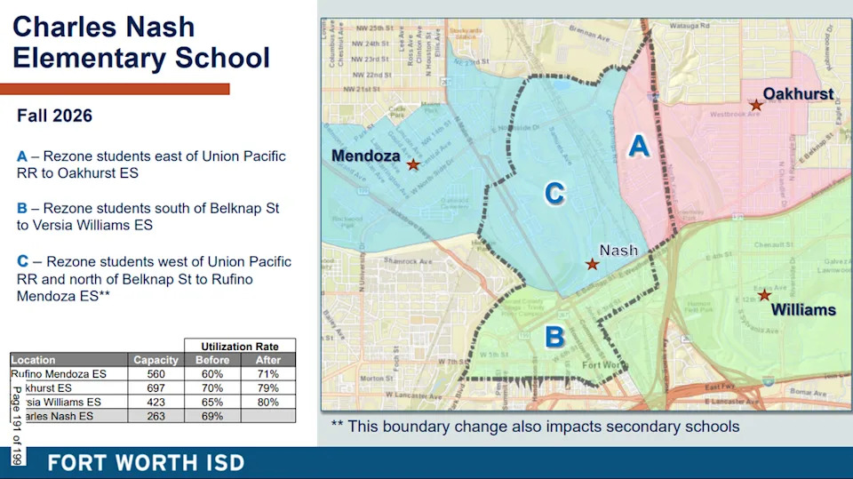 A map shows the new attendance boundaries of Charles Nash Elementary students who will transfer to three neighboring campuses in the 2026-27 school year after the elementary school’s closure.