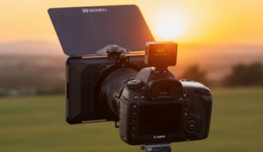 A Canon DSLR camera mounted on a tripod faces a sunset, equipped with a large ND filter and hood. The background is a blurred landscape of green fields and a glowing orange sky.