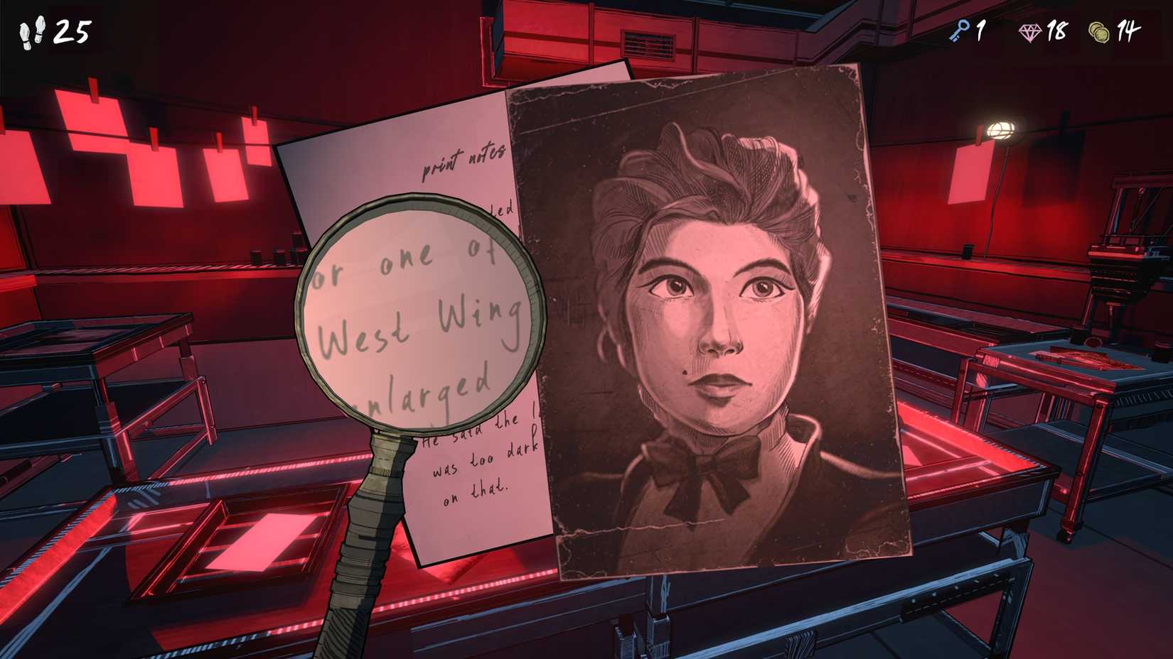 A magnifying glass investigates a note attached to a photo of a woman in a red-lit darkroom