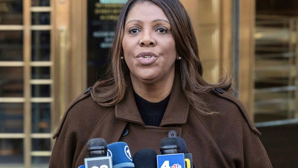 FILE - New York Attorney General Letitia James speaks during a news conference outside Manhattan federal court in New York, Feb. 14, 2025. (AP Photo/Yuki Iwamura, File)