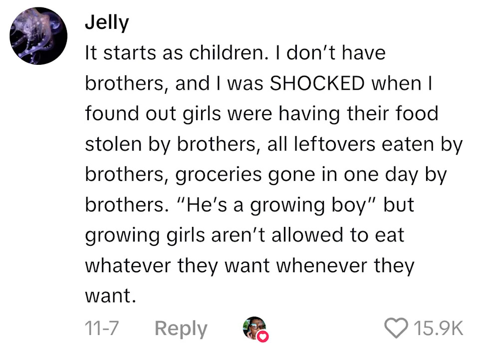 Text conversation about experiences of siblings, emphasizing how brothers consume leftovers and groceries, with 15.9k likes