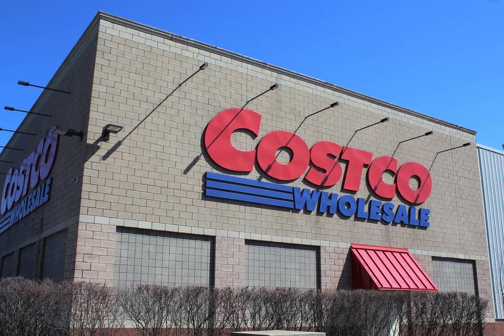 Costco Big Box Store and Sign in April 2023 in Chicago. Net company sales for the first 24 weeks of 2023 rose 7.3 percent but are disappointing and less than analysts expected.