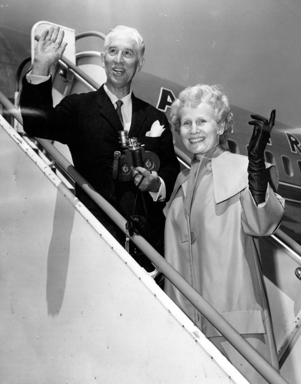 R. Marlin Perkins, director of the Lincoln Park Zoo, and his wife, Carol, leave O'Hare International Airport via American Airlines for New York, circa 1961. The Perkins' were starting a six-week trip to India, Nepal and Asia collecting new animals for the zoo. (Chicago Tribune archive) (Decade 1960s)