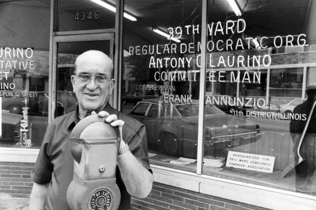 Former Ald. Anthony Laurino, 39th, stands outside his ward office on July 25, 1984. Laurino, who bragged of learning politics at the knees of "Bathhouse" John Coughlin and Michael "Hinky Dink" Kenna, was indicted in Dec. 1995 on charges that he hired dozens of friends, relatives and cronies for no-work city jobs. (Don Casper/Chicago Tribune)