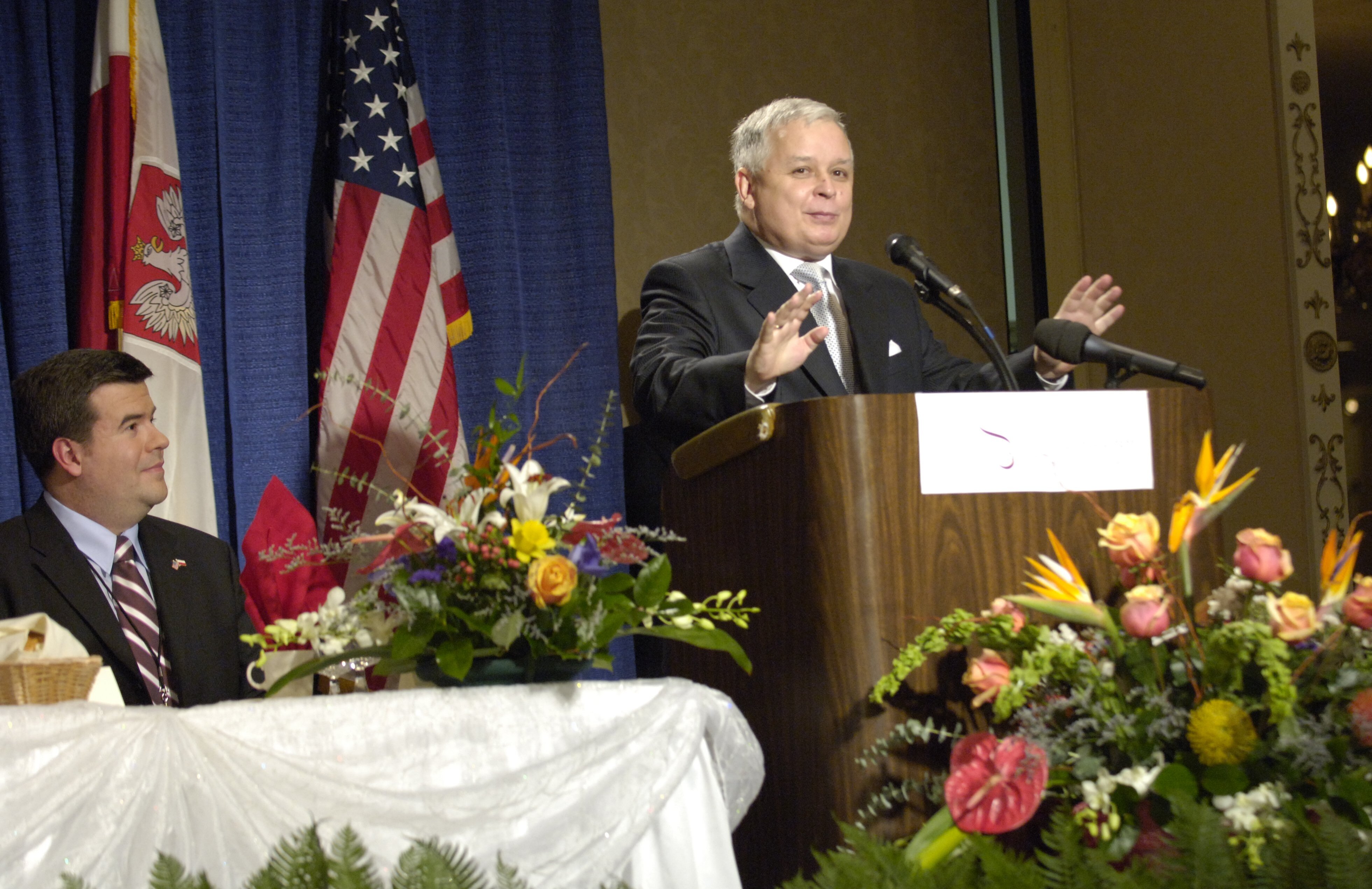 Polish President Lech KaczyÅski gives a speech during his welcome...