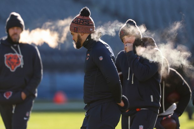 Bears quarterback Caleb Williams warms up to face the Browns on Sunday, Dec. 14, 2025, at Soldier Field. (Brian Cassella/Chicago Tribune)