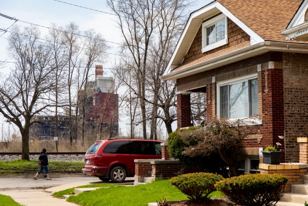 The Crawford coal-fired power plant on April 12, 2020, where a large smokestack was imploded the day before that coated the neighborhood in a cloud of dust. (Brian Cassella/Chicago Tribune)