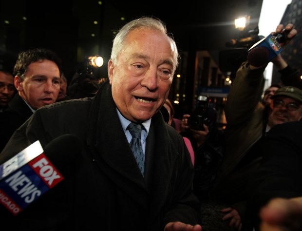 Former Chicago Ald. Edward Vrdolyak talks with reporters as he leaves the the Dirksen U.S. Courthouse, Feb. 26, 2009, in Chicago. Vrdolyak was sentenced to five years of probation for his role in a $1.5 million kickback scheme. (Terrence Antonio James/Chicago Tribune)