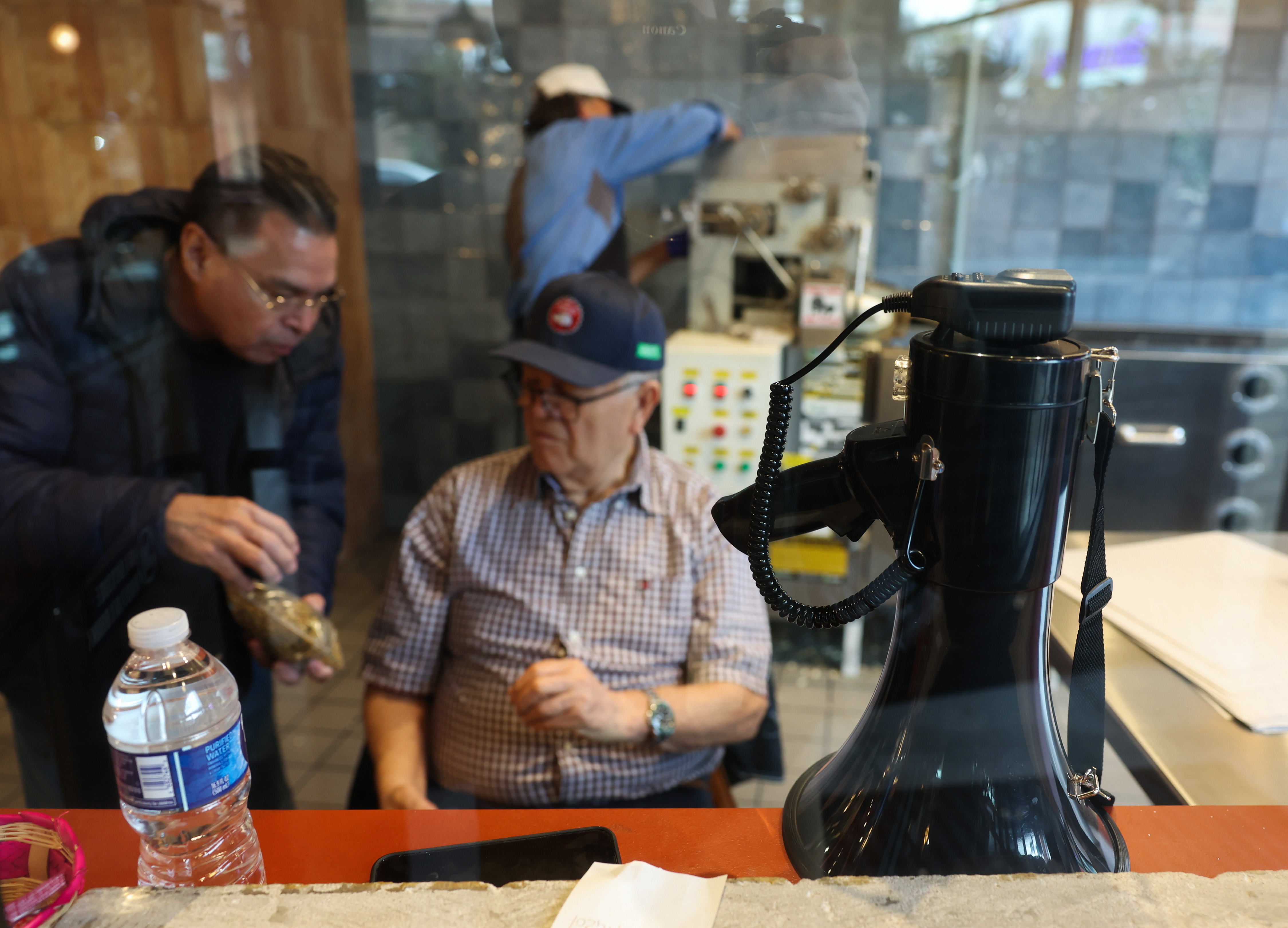 A megaphone sits ready, in case of Immigration and Customs...