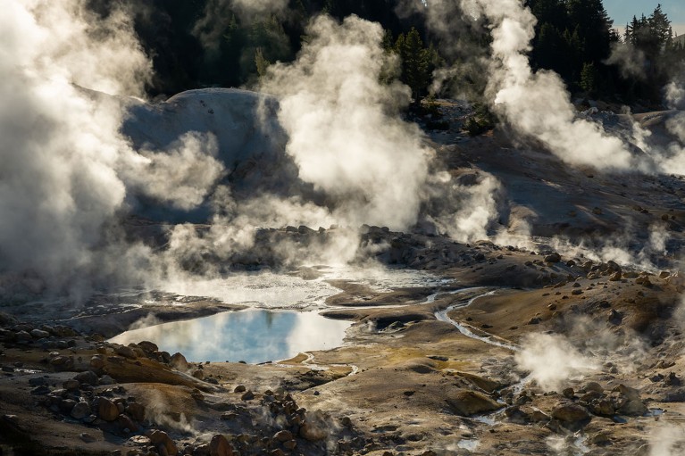 Steam rises over the Bumpass Hell area in Lassen Volcanic National Park.
