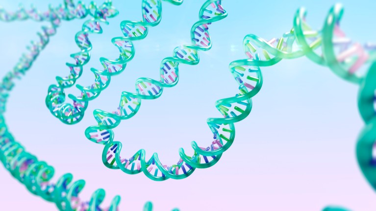 An illustration of a green DNA helix winding across a blue and pink ombré background