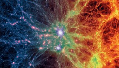 A colorful simulation of galaxies connected by tendrils of gas