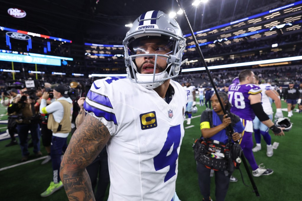 Dak Prescott, #4 of the Dallas Cowboys, reacts after his team was defeated by the Minnesota Vikings.